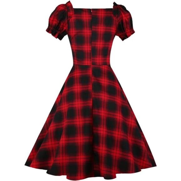 Women's Puff Short Sleeve 1950s Party Dresses Z-black Red Plaid - Picture 3 of 6